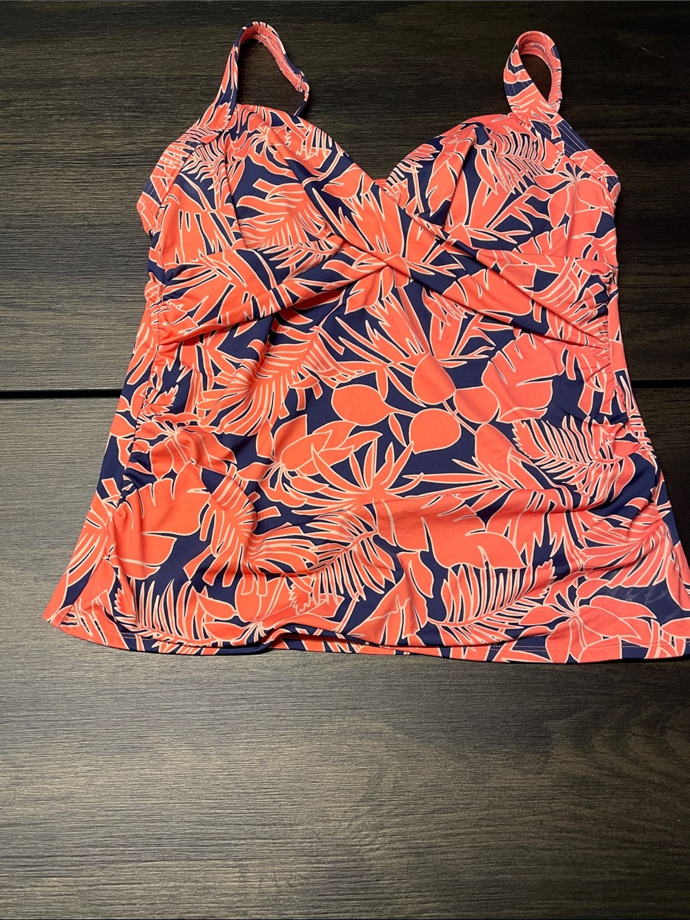 Lands' End Coral and Navy Tropical Print Tankini Top
